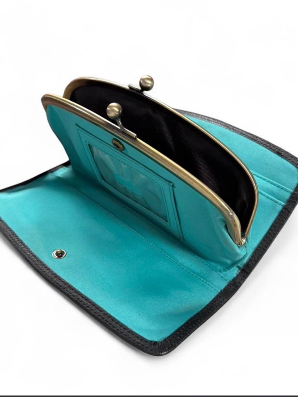 vintage 70’s leather kisslock wallet clutch with teal lining 🩵 🖤
